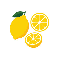 Whole lemon and two lemon slices, vibrant yellow color, simple vector illustration