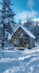 Winter cabin rental getaway in snowy forest mountains for vacation and holiday destination in nature
