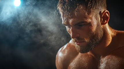 An intense close-up of a man's focused expression during an athletic training session, conveying determination, effort, and the pursuit of physical excellence under dramatic lighting.