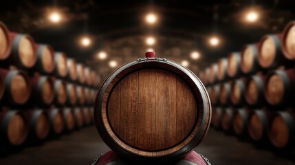 A beautifully crafted wooden barrel stands prominently in a dimly lit wine cellar, showcasing the rich textures and inviting ambiance of a traditional aging space.