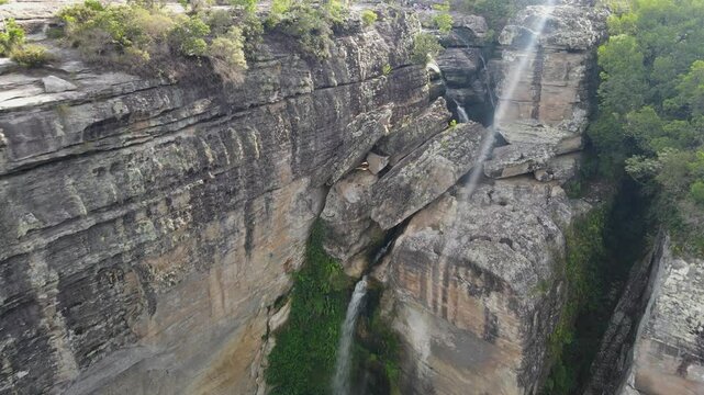 Aerial view shows waterfall canyons sao jorge ponta grosso