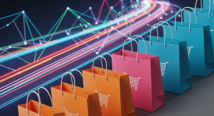 Colorful shopping bags in a row, against a background of abstract light trails, symbolizing online shopping growth and fast delivery