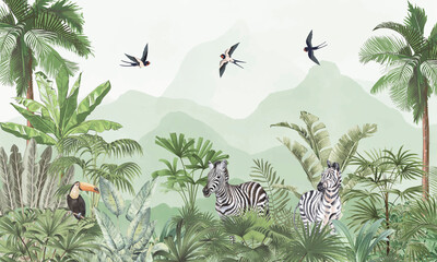 Minimalist Wildlife Mural: Gentle  Zebra, Toucan in Soft Green Forest