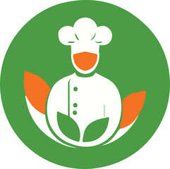 A stylish vector chef logo featuring a culinary professional with a chef hat, accented by green leaves and an orange circle, perfect for restaurant or organic food branding.