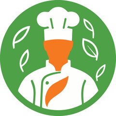 A stylish vector chef logo featuring a culinary professional with a chef hat, accented by green leaves and an orange circle, perfect for restaurant or organic food branding.