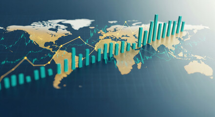 3D teal bar graph rising over gold world map, illustrating global growth, progress, and economic success, suitable for finance or business presentations