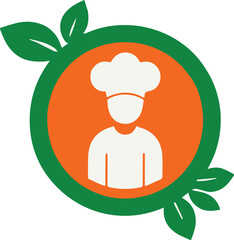 A stylish vector chef logo featuring a culinary professional with a chef hat, accented by green leaves and an orange circle, perfect for restaurant or organic food branding.
