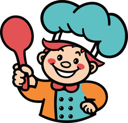 Colorful vector of a smiling junior chef boy in uniform, holding a red spoon&mdash;perfect for cooking-themed kids projects, education materials, or restaurant branding.