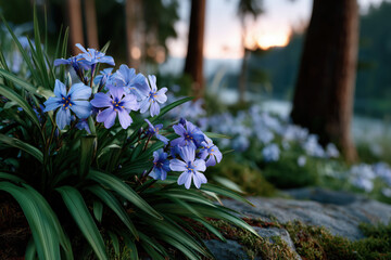 Beautiful blue spring flowers in the forest at sunset. Nature background