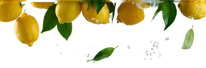 Fresh yellow lemons falling underwater with green leaves c food diet ripe on transparent background