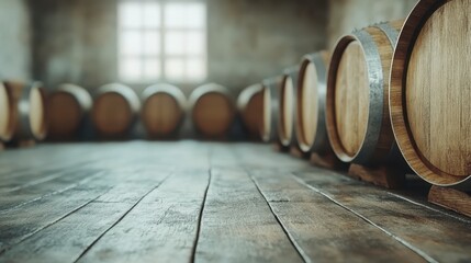 An interior view of a rustic cellar, featuring neatly stacked wooden barrels that evoke a sense of tradition and craftsmanship in winemaking or spirits storage.