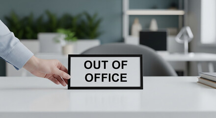 Hand placing black frame with "Out of Office" text on white table, blurred office background showcases business absence concept