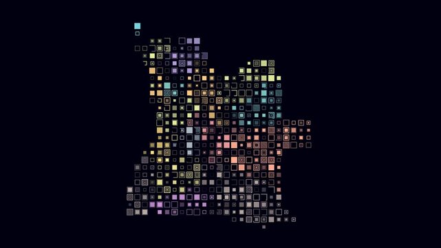 Angola dotted animation. Shape of the country built of pulsating colored dots. Large size square blocks. Digital style map on a dark background. Beautiful video.