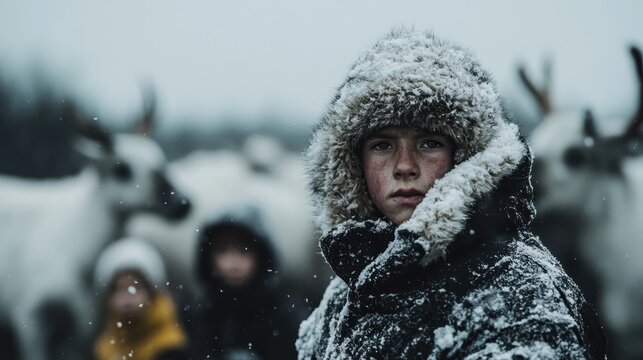 A young boy dressed warmly stands amidst snow in a winter landscape, evoking feelings of solitude and connection, with cows grazing peacefully in the background.