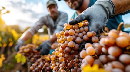 Workers carefully pick ripe grapes in a vineyard, showcasing the labor and dedication involved in producing high-quality wines, celebrating the agricultural lifestyle and community.