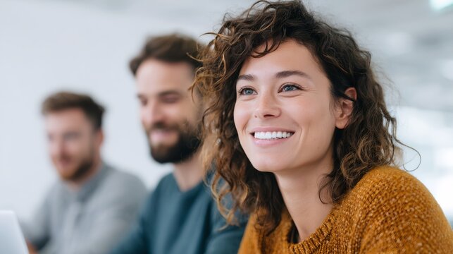 A woman with curly hair is smiling at the camera
