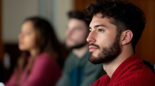 A man with a beard and a red sweater sits in a room with two other people - Powered by Adobe