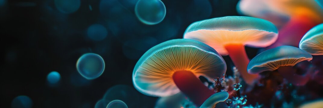 A close up of a bunch of mushrooms with a blue background - Powered by Adobe