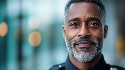 A confident officer with a gentle smile presents a sense of safety and trust, embodying professionalism and dedication to their community in a calm urban setting.