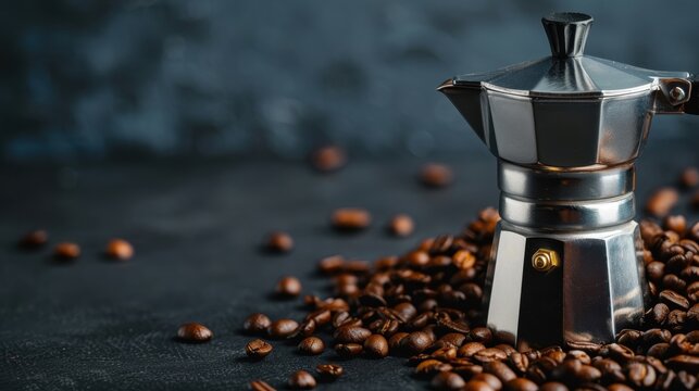 An artistic close-up of a classic coffee maker surrounded by scattered coffee beans, emphasizing the rich and aromatic experience of brewing fresh coffee.