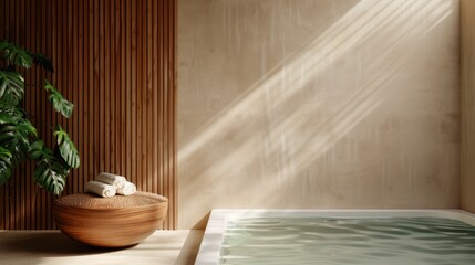 A tranquil bathroom scene features a modern tub bathed in soft light, accompanied by natural textures and greenery, creating a perfect environment for relaxation and rejuvenation.