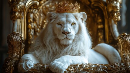 Majestic white lion with gold crown resting on ornate throne in regal setting