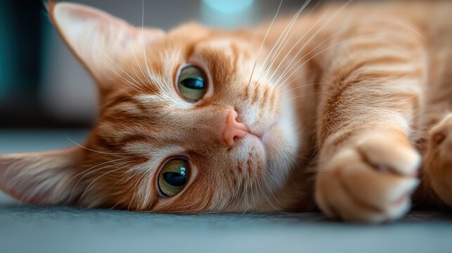 A close-up of a lovely ginger cat lying down, showcasing its mesmerizing green eyes and fluffy fur, inviting viewers into its peaceful and playful demeanor. - Powered by Adobe