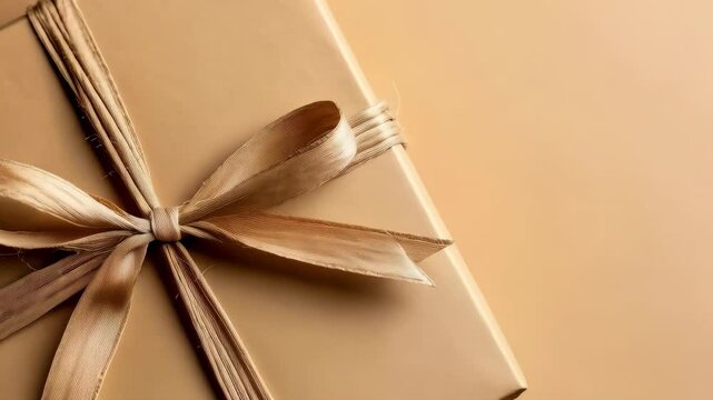 Close-up of a neatly wrapped gift box with a delicate ribbon bow placed on a warm beige backdrop, elegant package for special occasions.