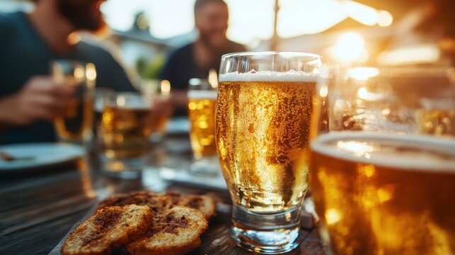 A vibrant scene depicting glasses of beer and a plate of snacks, ideal for showcasing social interaction, casual dining, and the joy of friendship during warm evenings.