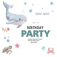 Nautical themed children's birthday party invitation. Watercolor illustrations of whale, fish, turtle, water bubbles. Template with text, ready template