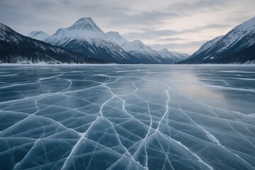 Tranquil winter landscape of frozen lake with mountain peaks
