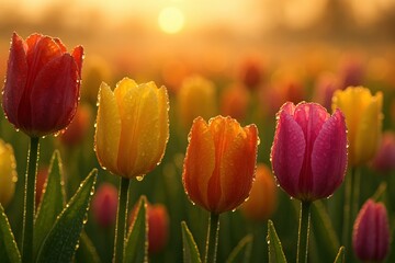 Dew-covered tulips at dawn with sunlit background