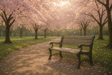 Serene cherry blossom pathway with bench on a tranquil spring day