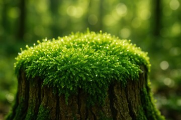 Tranquil mossy forest with sunlit dewdrops on tree stump