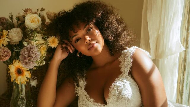 Sunlight illuminates a plus size model wearing a white lace bodysuit, posing near a floral arrangement in a vintage setting, exuding confidence and beauty