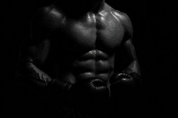 Intense athletic focus on sweaty boxer torso in darkness for fitness motivation