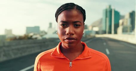 Face, tired and black woman in city, fitness and breathing with exercise, cardio and urban town. African person, portrait and runner in street, workout and training with fatigue, rest and New York - Powered by Adobe