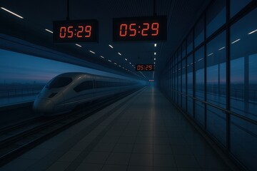 Futuristic train platform at dawn with high-speed train passing through