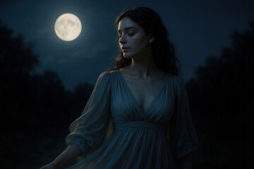 Enchanting evening under the full moon: serene woman in moonlit elegance