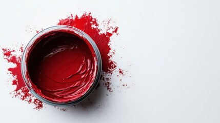 An open metal container reveals thick red paint surrounded by red powder on a clean white background, capturing the essence of creativity and artistic expression.