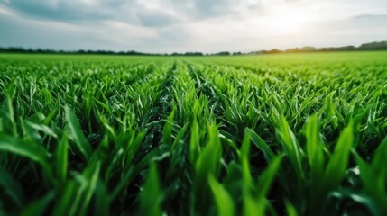 Obraz premium A vast expanse of vibrant green grass stretches out in rows, illuminated by the soft glow of a sunset, embodying tranquility and the beauty of nature's harvest.