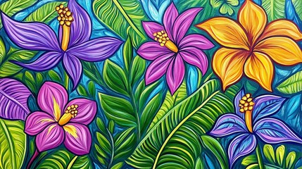 Vibrant tropical flower mural, wall art, nature background