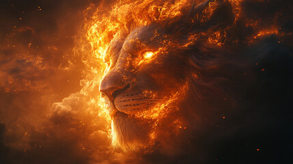 Fiery Lion A Majestic Digital Painting of a Lion Enveloped in Flames