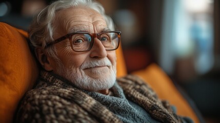 Senior man embracing independent living in cozy home setting for peaceful lifestyle concept