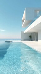 Fototapeta premium Modern white beach house featuring infinity pool blending with turquoise waters, embodying luxurious oceanfront serenity under pristine azure sky