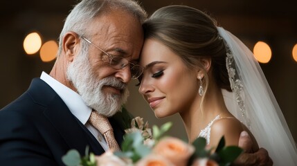 A heartwarming moment captured between a bride and her father, showcasing love and connection on her wedding day, emphasizing emotions and family bonds in the celebration.
