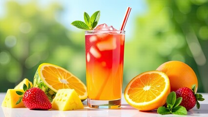 A refreshing tropical drink with ice, garnished with mint leaves. Surrounding fruits include strawberries, oranges, and pineapple chunks. Bright green background.