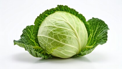 Fototapeta premium A fresh, whole cabbage with green, textured leaves on a white surface.
