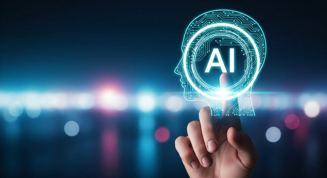 Hand interacts with glowing AI symbol inside digital human head outline, depicting artificial intelligence concept Futuristic technology theme