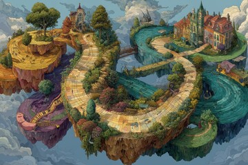 Obraz premium Whimsical artistic dreamscape of floating islands with vibrant pathways and nature